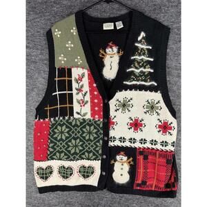 Classic Elements Vest Women 2X Plus Black Christmas Print V-Neck Button Knit
